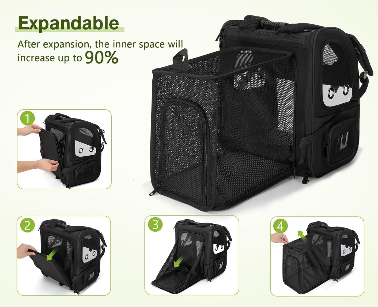 Expandable Pet Carrier Backpack - Portable and Breathable Rucksack with Mesh Opening, Acrylic Visibility, Safety Belt, and Additional Storage for Dogs and Cats (Black)