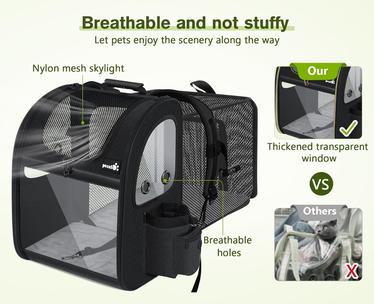 Expandable Pet Carrier Backpack - Portable and Breathable Rucksack with Mesh Opening, Acrylic Visibility, Safety Belt, and Additional Storage for Dogs and Cats (Black)