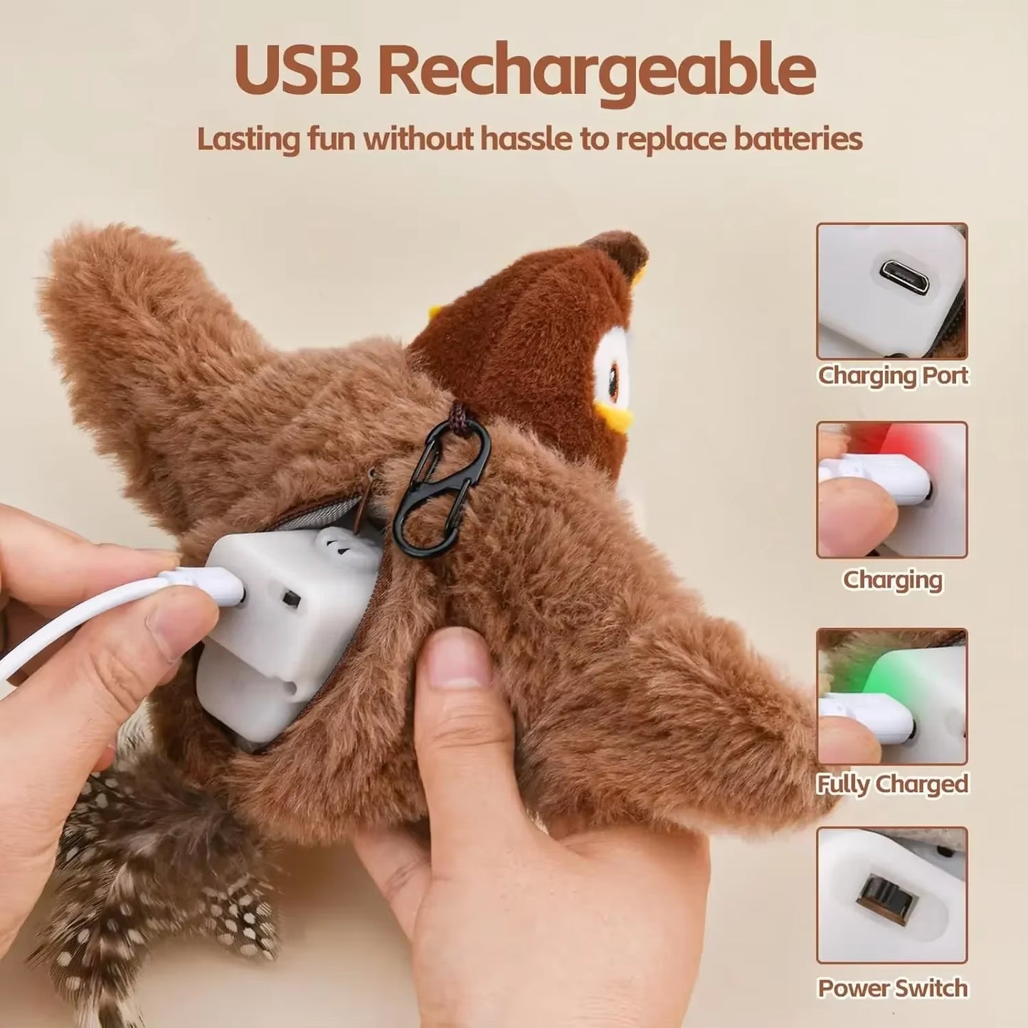 Interactive Rechargeable Simulated Bird Toy for Cats and Dogs - Chirping and Flapping Plush Pet Companion (Non-Flying) with Catnip Touch Activation