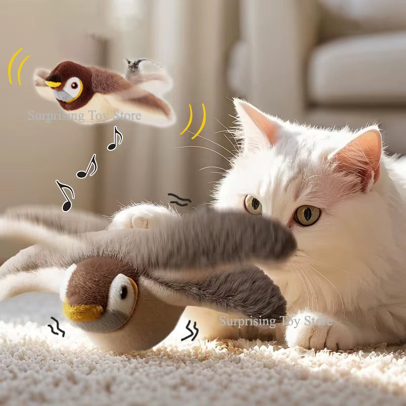 Interactive Rechargeable Simulated Bird Toy for Cats and Dogs - Chirping and Flapping Plush Pet Companion (Non-Flying) with Catnip Touch Activation