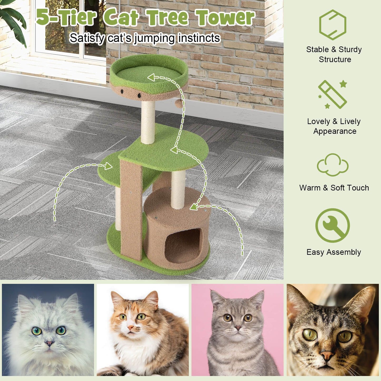111 cm Multi-Tiered Cat Tree with Enclosed Condo and Plush Perch