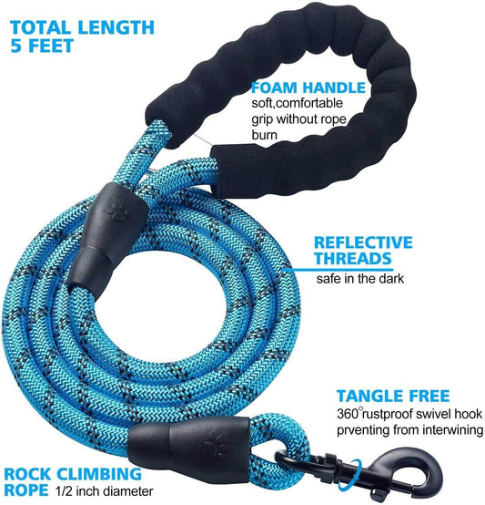 5FT Reflective Braided Rope Dog Leash for Medium to Large Breeds