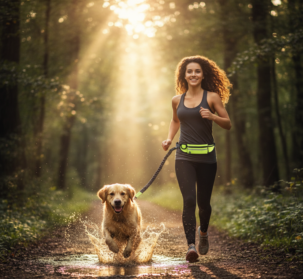 Adjustable Hands-Free Reflective Dog Leash with Detachable Waist Bag for Active Pet Owners