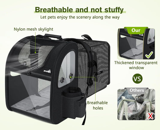 Expandable Pet Carrier Backpack - Portable and Breathable Rucksack with Mesh Opening, Acrylic Visibility, Safety Belt, and Additional Storage for Dogs and Cats (Black)