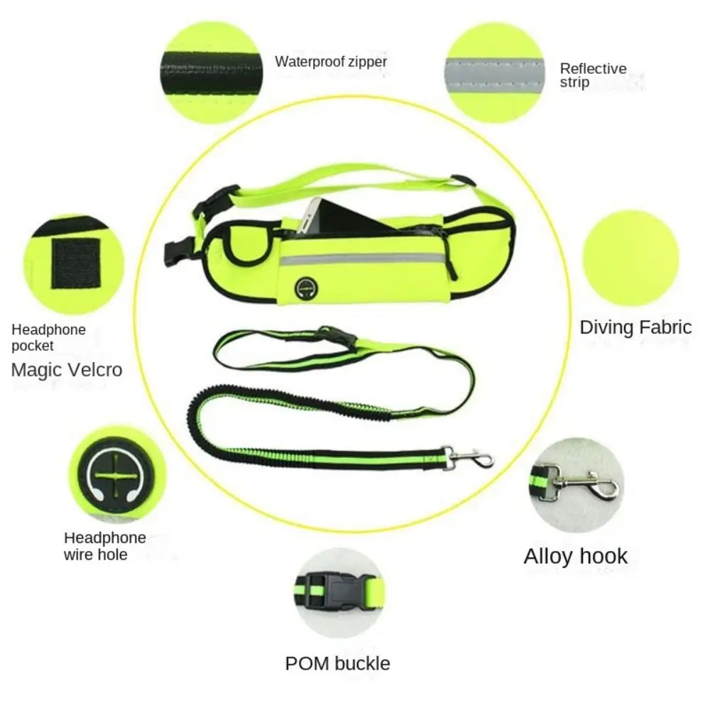 Adjustable Hands-Free Reflective Dog Leash with Detachable Waist Bag for Active Pet Owners