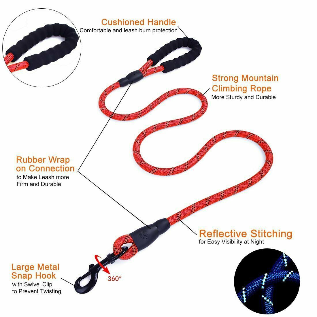 5FT Reflective Braided Rope Dog Leash for Medium to Large Breeds