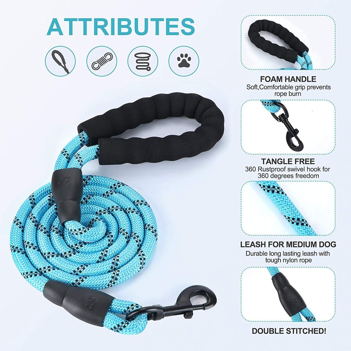 5FT Reflective Braided Rope Dog Leash for Medium to Large Breeds