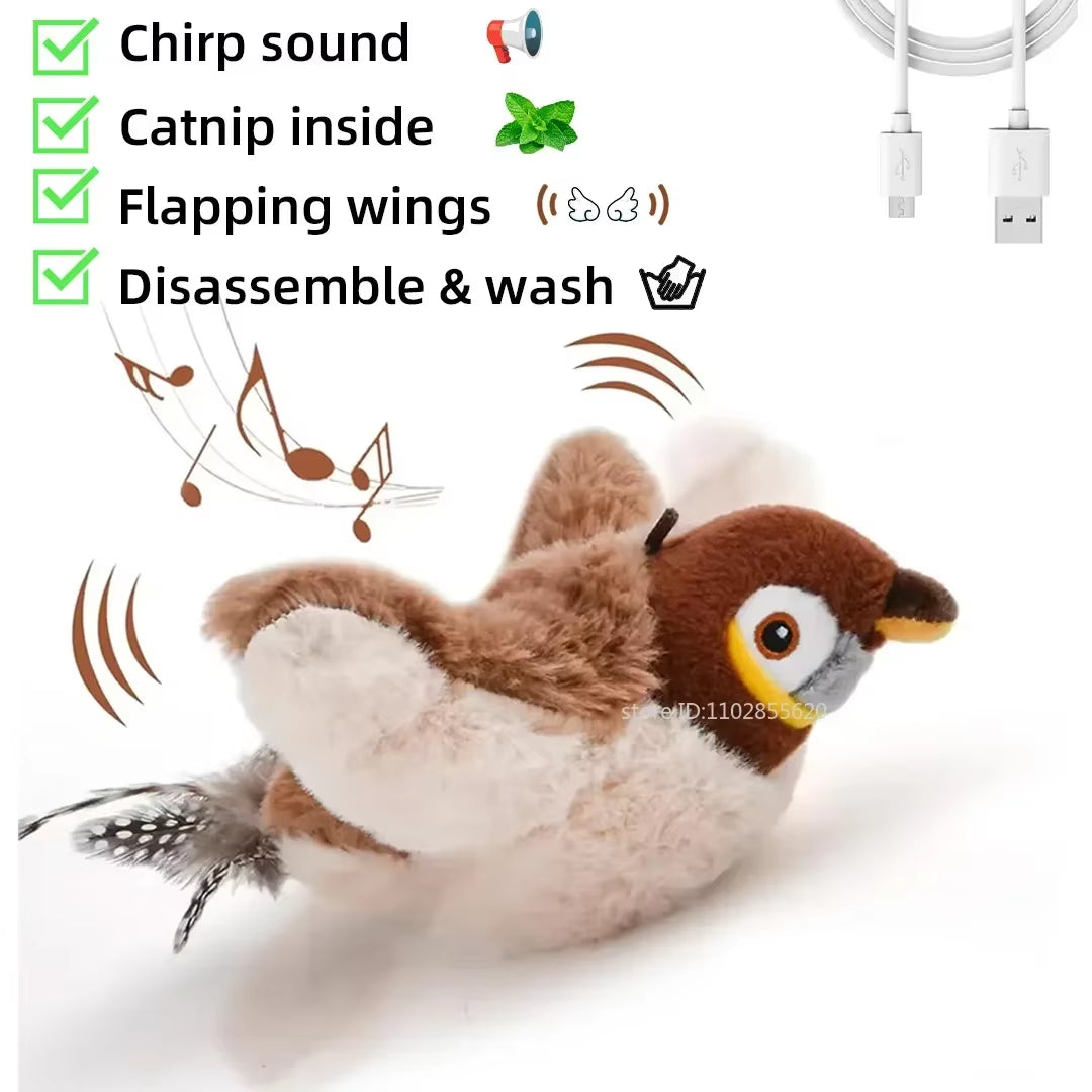 Interactive Rechargeable Simulated Bird Toy for Cats and Dogs - Chirping and Flapping Plush Pet Companion (Non-Flying) with Catnip Touch Activation